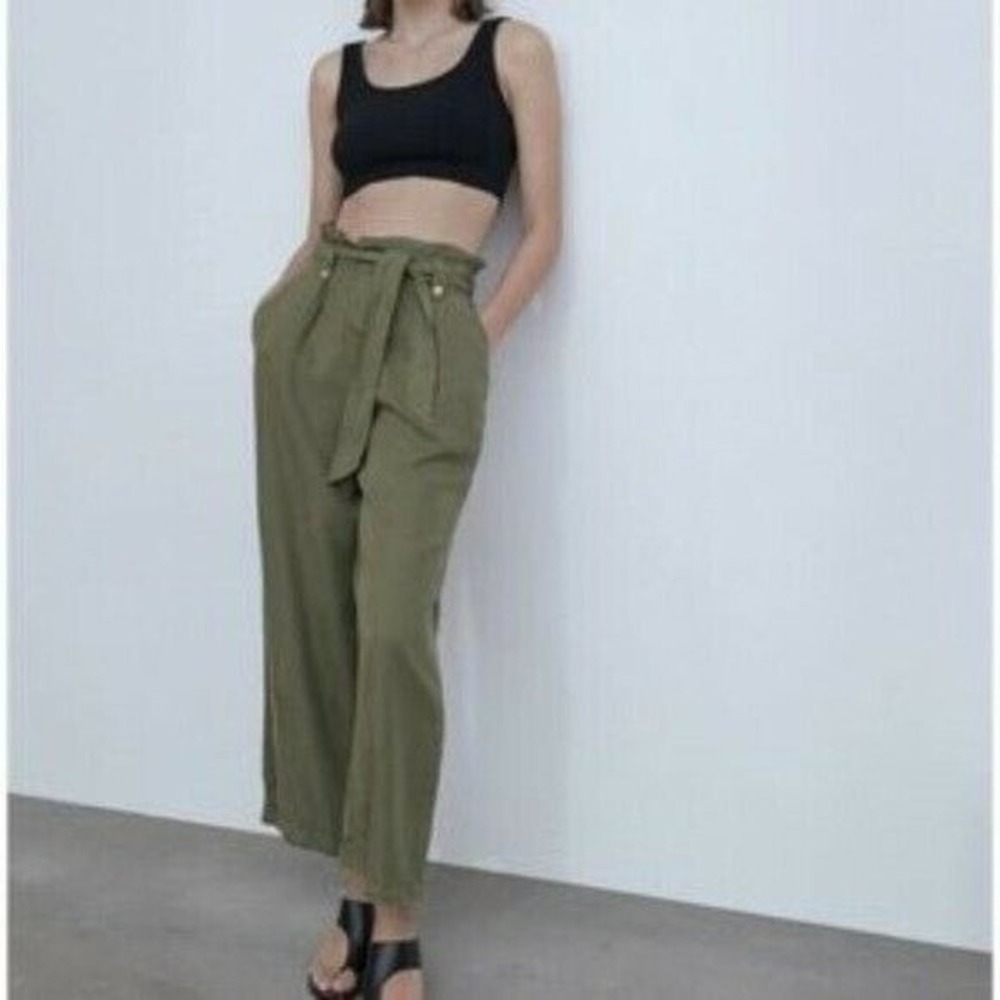 ZARA Womens Pants Size XS Green Lyocell Soft Culottes Pants Belt Wide Leg NEW